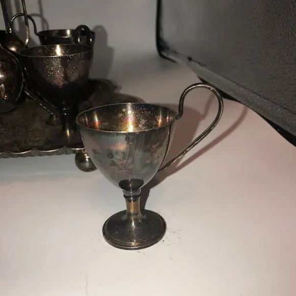 Antique silver plated egg cruet set of six spoons Walker Hall